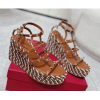 Best Grade Valentino Rockstud Wedge Sandals 10cm with Calfskin Strap and Rope Brown VLTN042803