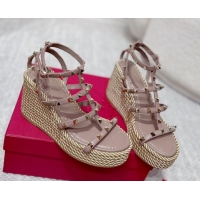 Top Design Valentino Rockstud Wedge Sandals 10cm with Calfskin Strap and Rope Dudty Pink VLTN042803