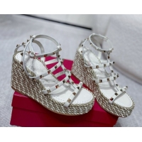Pretty Style Valentino Rockstud Wedge Sandals 10cm with Calfskin Strap and Rope White 2025 VLTN042803