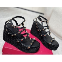 Shop Duplicate Valentino Rockstud Wedge Sandals 10cm with Calfskin Strap and Rope Black 2025 VLTN042803