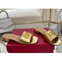 Shop Cheap Valentino VLogo Signature Patch Calfskin Heel Slides Sandal 3cm Gold 0428025