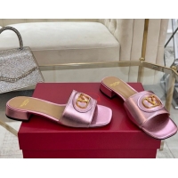 Buy Luxury Valentino VLogo Signature Patch Calfskin Heel Slides Sandal 3cm Metallic Pink 0428033