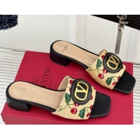 Unique Style Valentino VLogo Signature Cherryfic Heel Slides Sandal 3cm in Jacquard Synthetic Raffia Black 0428034