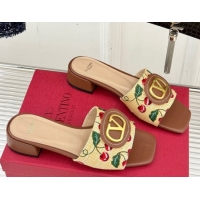 Classic Hot Valentino VLogo Signature Cherryfic Heel Slides Sandal 3cm in Jacquard Synthetic Raffia Brown 0428035