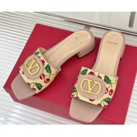 Valentino VLogo Signature Cherryfic Heel Slides Sandal 3cm in Jacquard Synthetic Raffia Dusty Pink 0428037