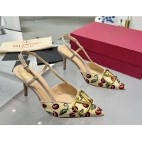 Top Grade Valentino VLogo Signature Cherryfic Slingback Pumps 8cm in Jacquard Synthetic Raffia Dusty Pink 0428040