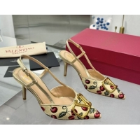 Best Grade Valentino VLogo Signature Cherryfic Slingback Pumps 8cm in Jacquard Synthetic Raffia Gold 0428041