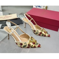 Best Product Valentino VLogo Signature Cherryfic Slingback Pumps 8cm in Jacquard Synthetic Raffia White 0428042