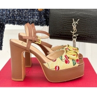 Good Quality Valentino VLogo Signature Cherryfic Platform Sandals 11cm in Jacquard Synthetic Raffia Brown 0428046