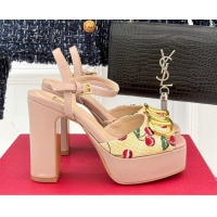 Valentino VLogo Signature Cherryfic Platform Sandals 11cm in Jacquard Synthetic Raffia Light Pink 0428048