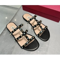 Grade Quality Valentino Rockstud Flat Slides Sandal in Calfskin with Stones Black 2025 VLTN042803
