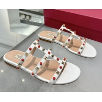 Most Popular Valentino Rockstud Flat Slides Sandal in Calfskin with Stones Optic White 2025 VLTN042803
