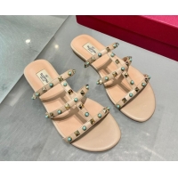 Durable Valentino Rockstud Flat Slides Sandal in Calfskin with Stones Beige 2025 VLTN042803