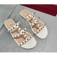 Unique Style Valentino Rockstud Flat Slides Sandal in Calfskin with Stones Ivory White 2025 VLTN042803