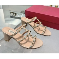 Luxury Discount Valentino Rockstud Heel Slides Sandal 6.5cm in Calfskin with Stones Beige 2025 VLTN042803