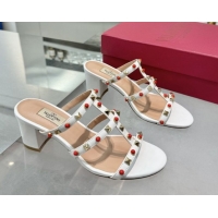 Luxurious Valentino Rockstud Heel Slides Sandal 6.5cm in Calfskin with Stones Optic White 2025 VLTN042803