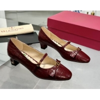 Duplicate Valentino Bowow Décolleté Pumps 5cm in Crocodile-Effect Printed Calfskin Dark Burgundy 0428064