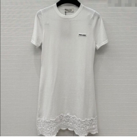 Super Quality Miu Miu Lace Patchwork T-Shirt Dress 0515 White 2025