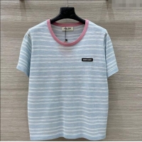 Luxury Discount Miu Miu Knit Striped T-Shirt 0515 Light Blue 2025