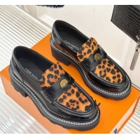 Charming Louis Vuitton LV Beaubourg Platform Loafers 4cm with Coin Charm in Leopard print/Black Leather 0222028