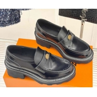 Duplicate Louis Vuitton LV Beaubourg Platform Loafers 4cm with Coin Charm in Calfskin Leather Black 0222029