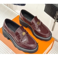 Good Quality Louis Vuitton LV Beaubourg Platform Loafers 4cm with Coin Charm in Calfskin Leather Dark Burgundy 0222031