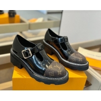 Low Cost Louis Vuitton Leather and Monogram Canvas Platform Mary Janes Loafers Black 0222038
