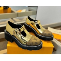 Stylish Louis Vuitton Leather and Monogram Canvas Platform Mary Janes Loafers Gold 0222039