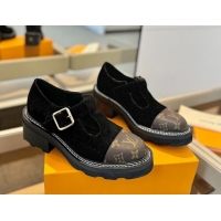 Good Product Louis Vuitton Suede and Monogram Canvas Platform Mary Janes Loafers Black 0222040