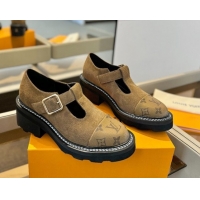Luxury Discount Louis Vuitton Suede and Monogram Canvas Platform Mary Janes Loafers Brown 0222041