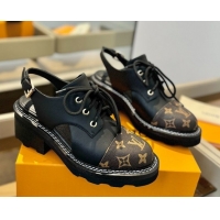 Top Design Louis Vuitton Open Back Lace-up Shoes in Leather and Monogram Canvas Black 0222043