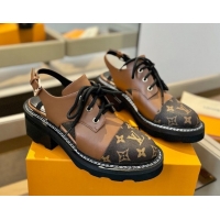 Luxury Cheap Louis Vuitton Open Back Lace-up Shoes in Leather and Monogram Canvas Brown 0222044