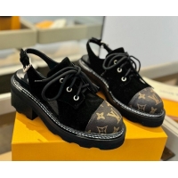 Cheap Price Louis Vuitton Open Back Lace-up Shoes in Suede and Monogram Canvas Black 0222045