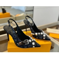 Stylish Louis Vuitton Monogram Denim Slingback Pumps 9.5cm with Studs Black 0222049