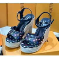 Sophisticated Louis Vuitton LV x TM Helios Wedge Sandals 8cm in Multicolor Monogram Canvas Black 0222064