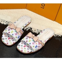 Most Popular Louis Vuitton LV x TM 6AM Flat Slides Sandal in Multicolor Monogram Canvas with Bow White 0222067