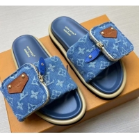 Purchase Louis Vuitton LV x TM Pool Pillow Flat Comfort Slides Sandal in Blue Denim with Pouch 0222073