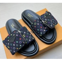 Top Design Louis Vuitton LV x TM Pool Pillow Flat Comfort Slides Sandal in Multicolor Monogram Nylon with Pouch Black 02