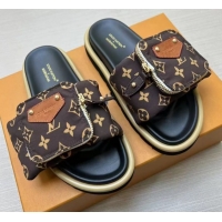 Good Quality Louis Vuitton LV x TM Pool Pillow Flat Comfort Slides Sandal in Monogram Nylon with Pouch Brown 0222076