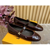 Popular Style Louis Vuitton Romy Flats Ballerinas in Patent Leather with LV Strap Dark Brown 0222083