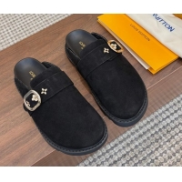 Perfect Louis Vuitton LV Cosy Flat Comfort Clog Mules with Buckle Strap in Suede Black 0224001