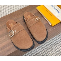 Top Grade Louis Vuitton LV Cosy Flat Comfort Clog Mules with Buckle Strap in Suede Brown 50224002