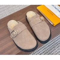 Best Price Louis Vuitton LV Cosy Flat Comfort Clog Mules with Buckle Strap in Suede Grey 50224003