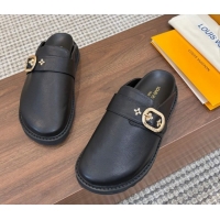 Pretty Style Louis Vuitton LV Cosy Flat Comfort Clog Mules with Buckle Strap in Calfskin Black 0224005