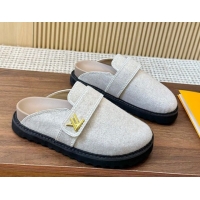 Luxurious Louis Vuitton LV Cosy Flat Comfort Clog Mules with LV Strap in Wool Grey 0224008