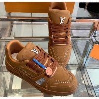Good Looking Louis Vuitton Men's LV Trainer Sneakers in Grained Nubuck Leather with Studs Cognac Brown 0224009