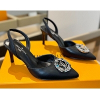Top Design Louis Vuitton Madeleine Slingback Pumps 7.5cm in Leather with LV Strass Buckle Black 0224016