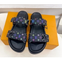 Low Cost Louis Vuitton LV x TM Flat Comfort Slides Sandal in Multicolored Monogram Canvas Black 2025 LV042101
