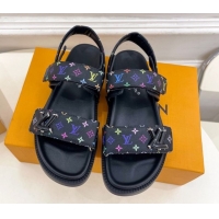 Luxurious Louis Vuitton LV x TM Flat Comfort Sandals in Multicolored Monogram Canvas Black 2025 LV042101