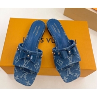 Stylish Louis Vuitton 6AM Flat Slides Sandal in Blue Denim with Bow 0421092